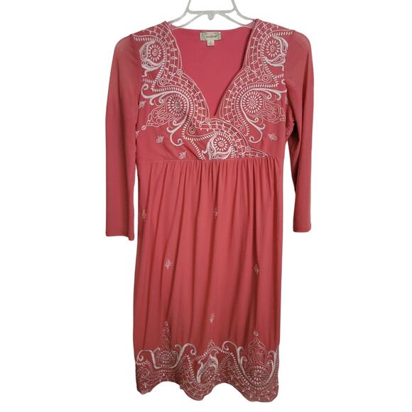 Nurture Dress S Midi V Neck Dark Peach Flowing Lined Embroidery Empire Baby Doll - Picture 8 of 12